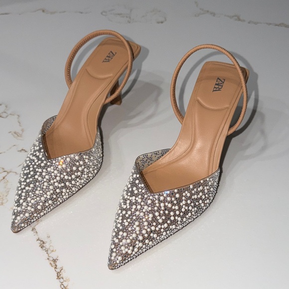 Zara Shoes - Zara Pearl & Crystal Pointed Slingback Heels in Tan and Silver ~ 9 or 39